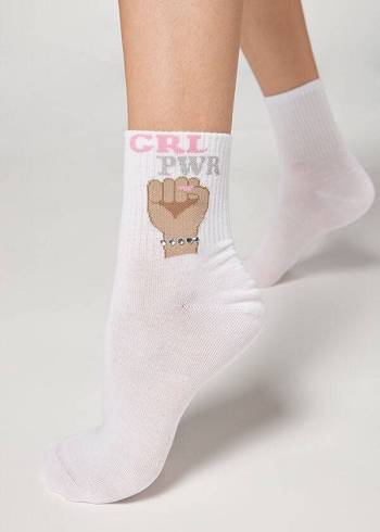 Női Calzedonia Girl Power Print Rövid Zokni Fehér | HU2435XF