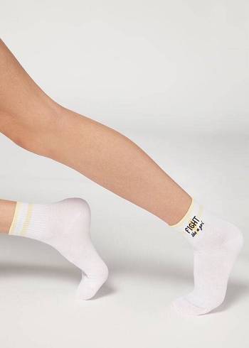 Női Calzedonia Girl Power Print Rövid Zokni Fehér Sárga | HU2438KI