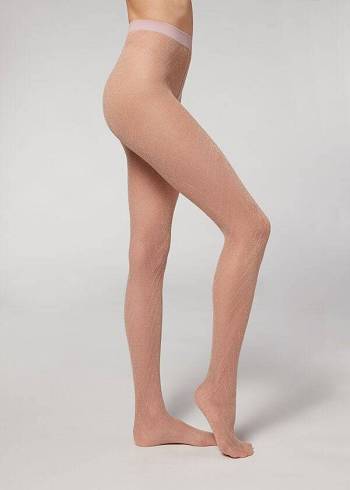 Női Calzedonia Glitter Chevron-Motif Micronet Harisnyanadrág Rózsaszín | HU1106JJ