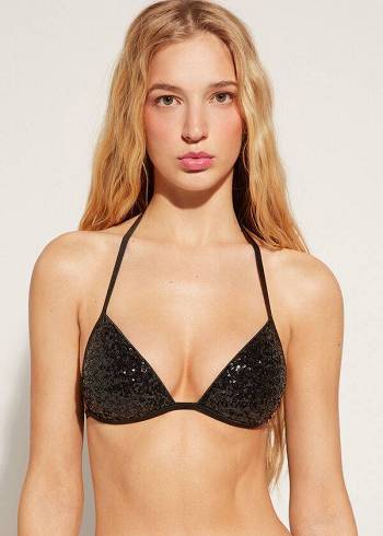 Női Calzedonia Graduated Párnázott Triangle Cannes Bikini Felsők Fekete | HU1733ZG