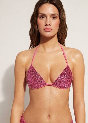 Női Calzedonia Graduated Párnázott Triangle Cannes Bikini Felsők Rózsaszín | HU1734XF
