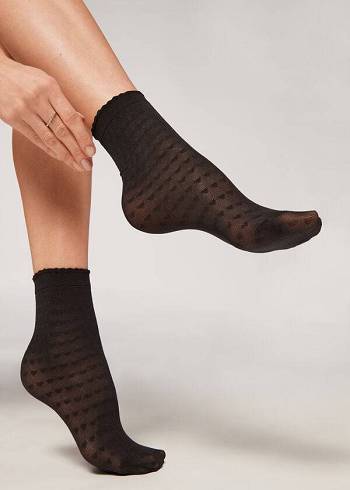 Női Calzedonia Heart Motif Mesh Rövid Zokni Fekete | HU2443DN