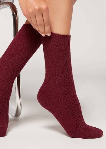 Női Calzedonia Herringbone Cashmere Rövid Zokni Bordó | HU2444SO