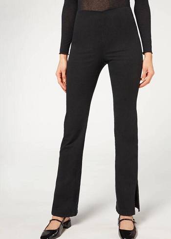Női Calzedonia High-Derekú Flared in Denim with Slits Farmer Nadrág Fekete | HU2598FM