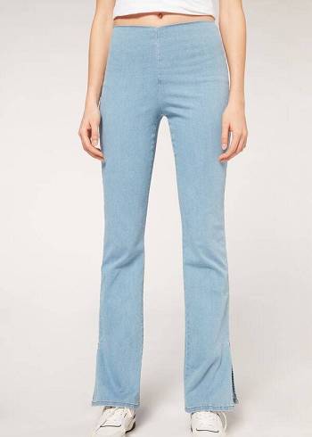 Női Calzedonia High-Derekú Flared in Denim with Slits Farmer Nadrág Kék | HU2599DN