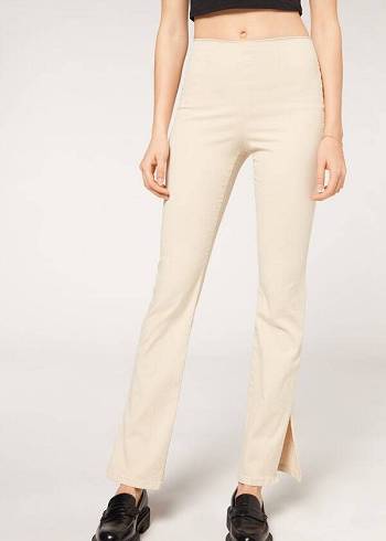 Női Calzedonia High-Derekú Flared in Denim with Slits Farmer Nadrág Barna Bézs | HU2600SO
