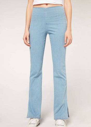 Női Calzedonia High-Derekú Flared in Denim with Slits Leggings Kék | HU2660VD