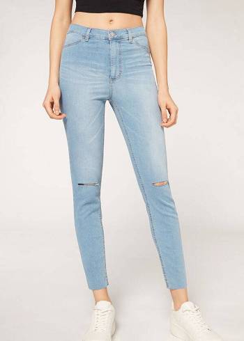 Női Calzedonia High-Derekú Sovány Farmer Nadrág Kék | HU2603OR