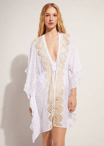 Női Calzedonia Kimono Caftan with Sangallo Csipke and Sequins Cover Ups Fehér | HU2085IS