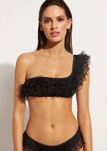 Női Calzedonia Lightly Párnázott Single Pántos Bandeau Singapore Bikini Felsők Fekete | HU1779FM