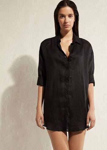 Női Calzedonia Linen Shirt Cover Ups Fekete | HU2092GL