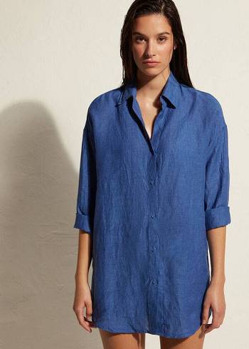 Női Calzedonia Linen Shirt Cover Ups Kék | HU2091FM