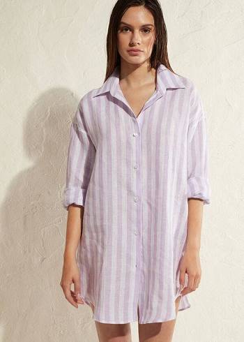 Női Calzedonia Linen Shirt Cover Ups Lila Fehér | HU2086OR