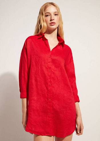 Női Calzedonia Linen Shirt Cover Ups Piros | HU2095KI