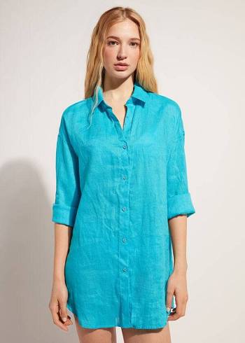 Női Calzedonia Linen Shirt Cover Ups Türkiz Zöld | HU2094JJ