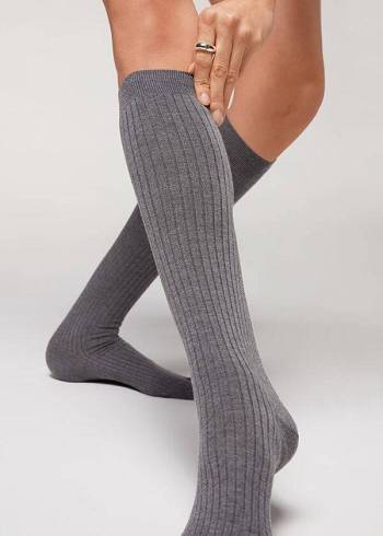Női Calzedonia Long Bordázott Cashmere Zokni Szürke | HU2244AP
