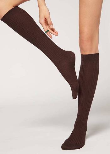 Női Calzedonia Long Bordázott Cashmere Zokni Barna | HU2245SO