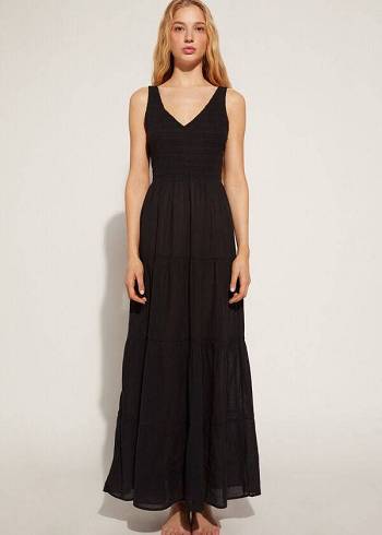 Női Calzedonia Long Ruha with Ruffled Skirt Cover Ups Fekete | HU2100VD