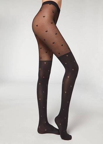 Női Calzedonia Longuette-Effect Mini Heart-Motif Patterned Harisnyanadrág Fekete | HU1111CE