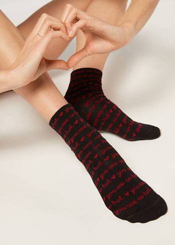 Női Calzedonia Love Pattern Rövid Zokni Fekete | HU2447OR