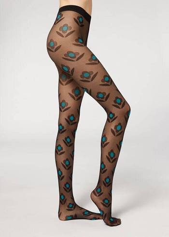 Női Calzedonia Macro Daisy Micronet Patterned Harisnyanadrág Fekete Kék | HU1113BC