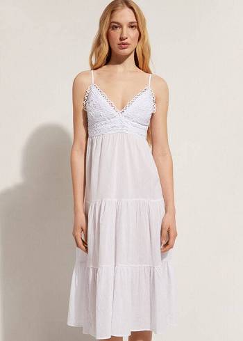 Női Calzedonia Midi Ruha in Macramé Csipke and Ruffled Skirt Cover Ups Fehér | HU2104QZ