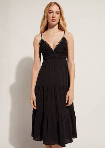 Női Calzedonia Midi Ruha in Macramé Csipke and Ruffled Skirt Cover Ups Fekete | HU2105WY