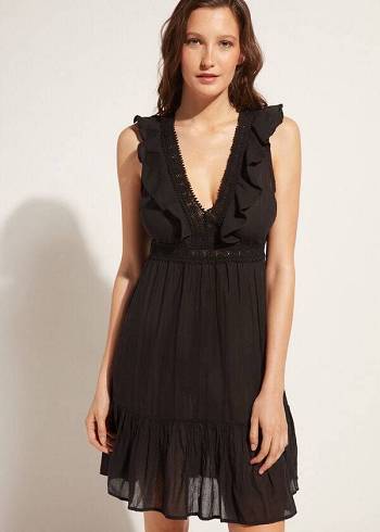 Női Calzedonia Mini Ruha with Ruffle and Passementerie Cover Ups Fekete | HU2106EX