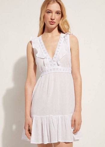 Női Calzedonia Mini Ruha with Ruffle and Passementerie Cover Ups Fehér | HU2107RW
