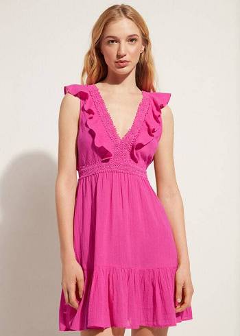 Női Calzedonia Mini Ruha with Ruffle and Passementerie Cover Ups Rózsaszín | HU2108TV