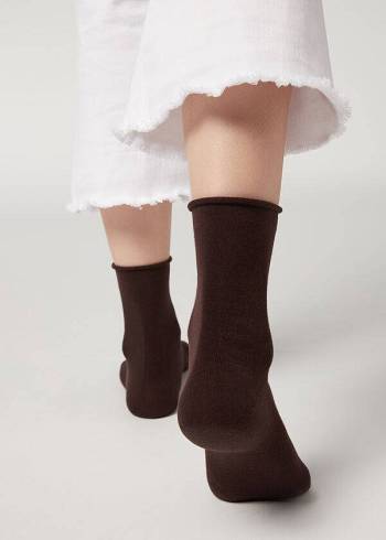 Női Calzedonia Non-Elastic Pamut Ankle Rövid Zokni Barna | HU2451TV