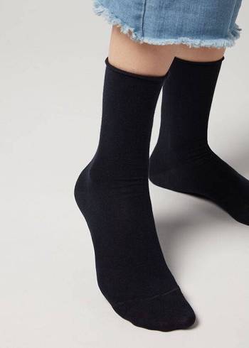Női Calzedonia Non-Elastic Pamut Ankle Rövid Zokni Sötétkék Kék | HU2454WY
