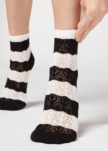 Női Calzedonia Openwork and Csíkos Rövid Zokni Fekete | HU2464KI