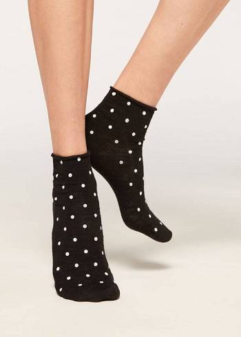 Női Calzedonia Polka Dot Motif Rövid with Linen Zokni Fekete | HU2467GL