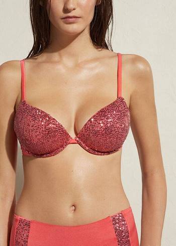 Női Calzedonia Párnázott Push-Up Cannes Bikini Felsők Rózsaszín | HU1838XF