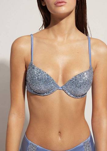 Női Calzedonia Párnázott Push-Up Cannes Bikini Felsők Kék | HU1839CE
