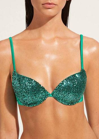 Női Calzedonia Párnázott Push-Up Cannes Bikini Felsők Zöld | HU1840VD