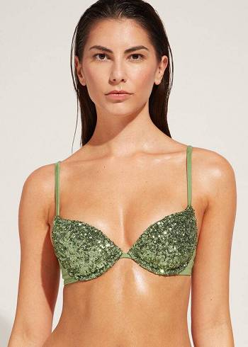 Női Calzedonia Párnázott Push-Up Cannes rosa Bikini Felsők Zöld | HU1842NB