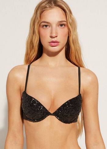 Női Calzedonia Párnázott Push-Up Cannes rosa Bikini Felsők Fekete | HU1843MA