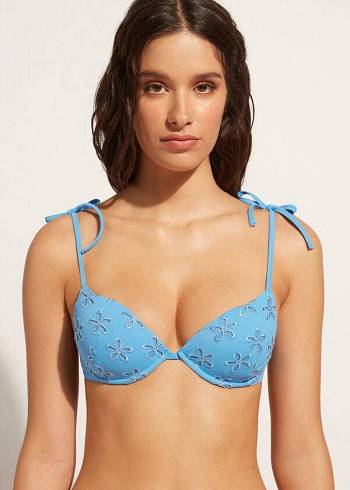 Női Calzedonia Párnázott Push-Up Corfù Bikini Felsők Kék | HU1851IS