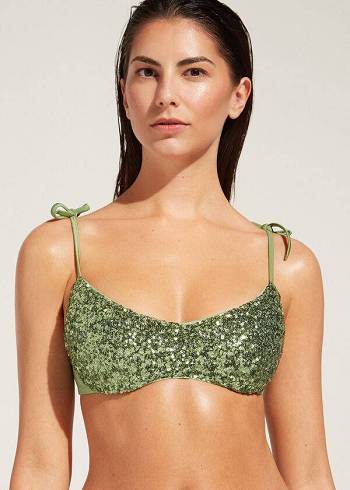 Női Calzedonia Párnázott Tank-Stílusok Cannes rosa Bikini Felsők Zöld | HU1887KI