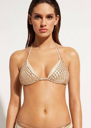 Női Calzedonia Rhinestone Triangle String Luxor Bikini Felsők Arany | HU1958AP