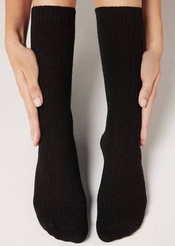 Női Calzedonia Rövid Bordázott with Gyapjú and Cashmere Zokni Fekete | HU2517JJ