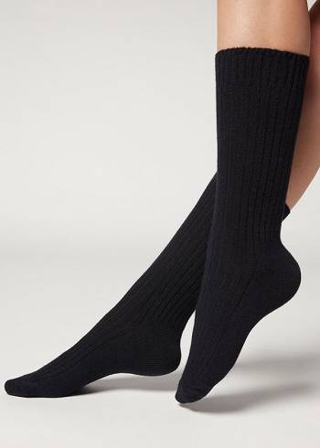 Női Calzedonia Rövid Bordázott with Gyapjú and Cashmere Zokni Kék | HU2518HK