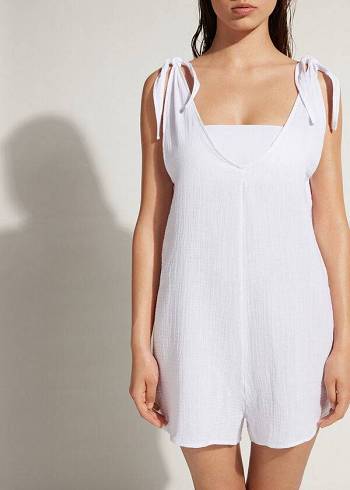 Női Calzedonia Rövid Pamut Romper Cover Ups Fehér | HU2113PQ