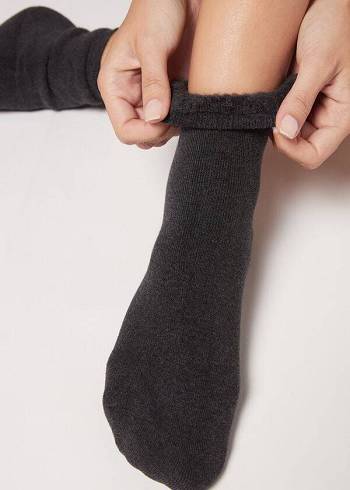 Női Calzedonia Rövid Pamut Thermal Zokni Szürke Fekete | HU2492HK
