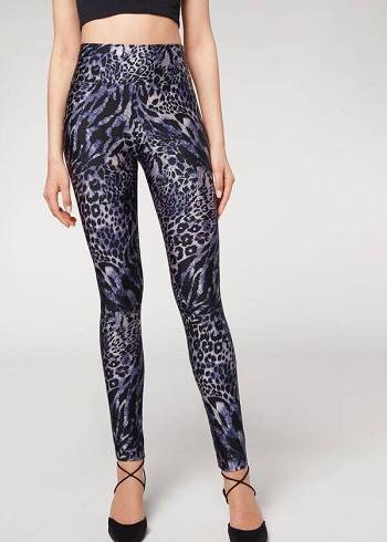 Női Calzedonia Shiny Animal-Print Sport Leggings Kék Szürke | HU2680EX