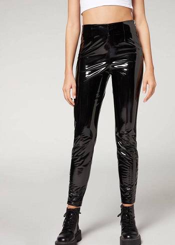 Női Calzedonia Sovány in Thermal Vinyl Nadrág Fekete | HU2740FM