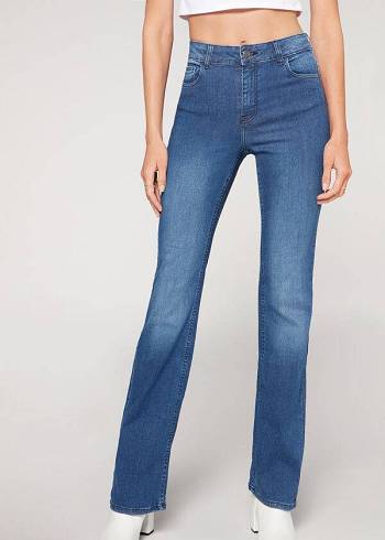 Női Calzedonia Super Flex Denim High Derekú Bootcut Farmer Nadrág Kék | HU2614BC