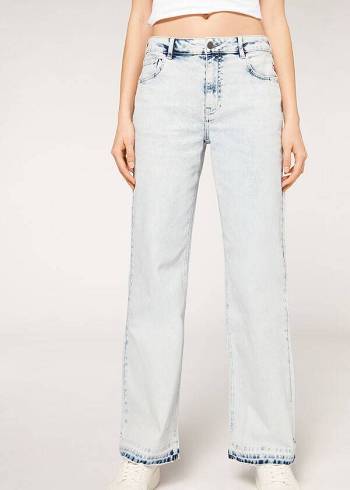 Női Calzedonia Széles Cipő-Leg Frayed Farmer Nadrág Kék | HU2618ZG